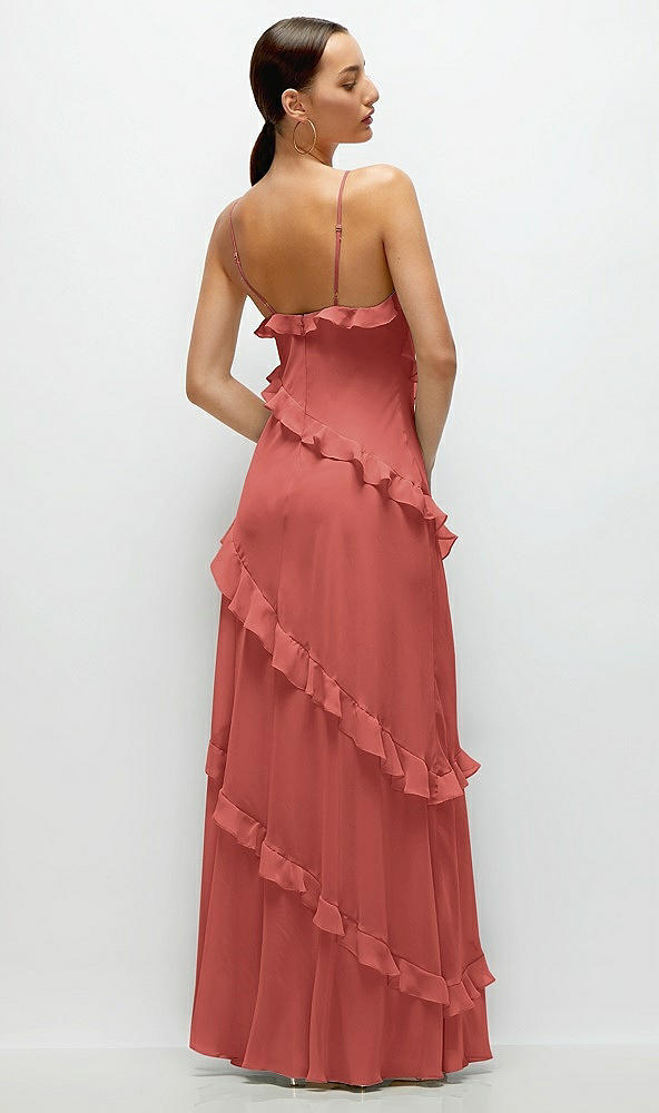 Back View - Coral Pink Asymmertical Ruffle Chiffon Bias Slip Maxi Dress