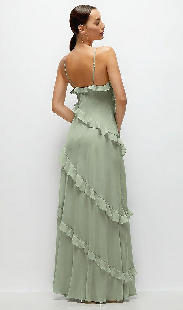 Back View - Sage Asymmertical Ruffle Chiffon Bias Slip Maxi Dress