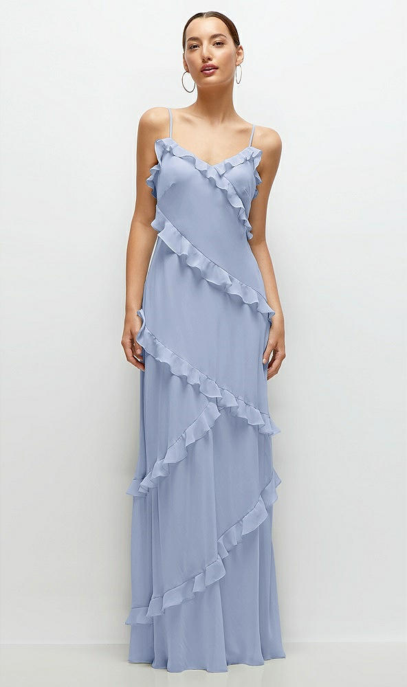 Front View - Sky Blue Asymmertical Ruffle Chiffon Bias Slip Maxi Dress