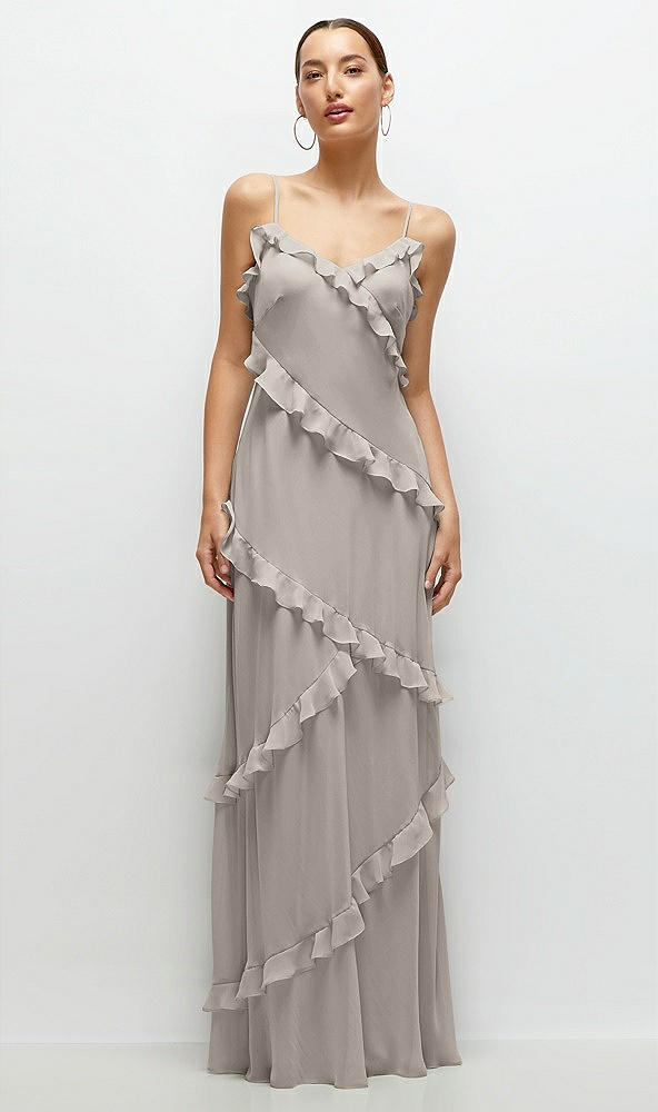 Front View - Taupe Asymmertical Ruffle Chiffon Bias Slip Maxi Dress