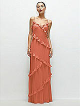 Front View Thumbnail - Terracotta Copper Asymmertical Ruffle Chiffon Bias Slip Maxi Dress