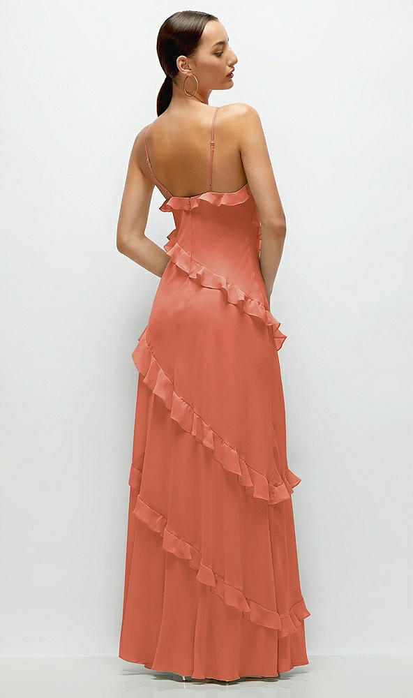 Back View - Terracotta Copper Asymmertical Ruffle Chiffon Bias Slip Maxi Dress