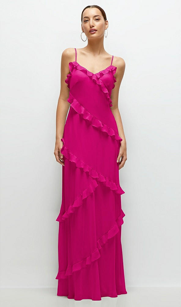 Front View - Think Pink Asymmertical Ruffle Chiffon Bias Slip Maxi Dress