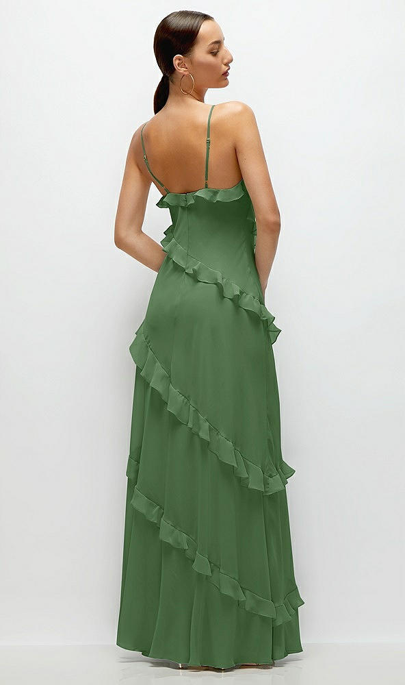 Back View - Vineyard Green Asymmertical Ruffle Chiffon Bias Slip Maxi Dress