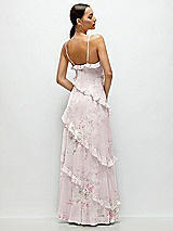 Rear View Thumbnail - Watercolor Print Asymmertical Ruffle Chiffon Bias Slip Maxi Dress