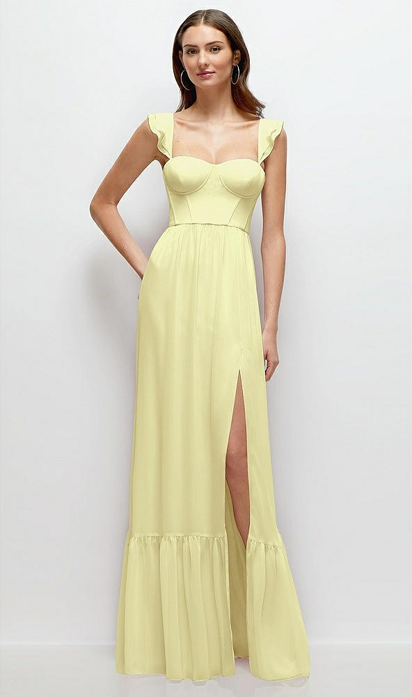 Front View - Butter Yellow Ruffle Strap Chiffon Bustier Maxi Dress with Ruffle Hem A-Line Skirt