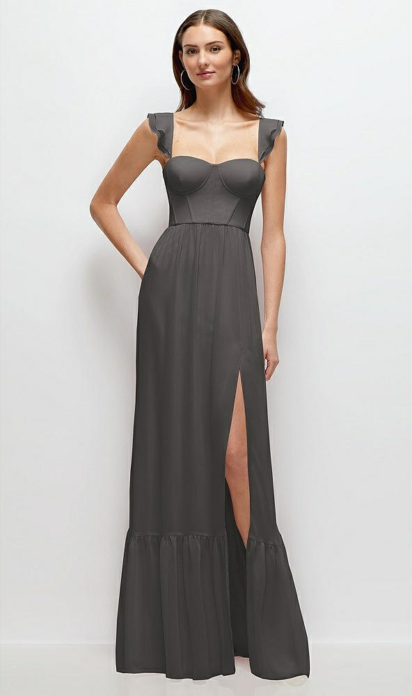 Front View - Caviar Gray Ruffle Strap Chiffon Bustier Maxi Dress with Ruffle Hem A-Line Skirt