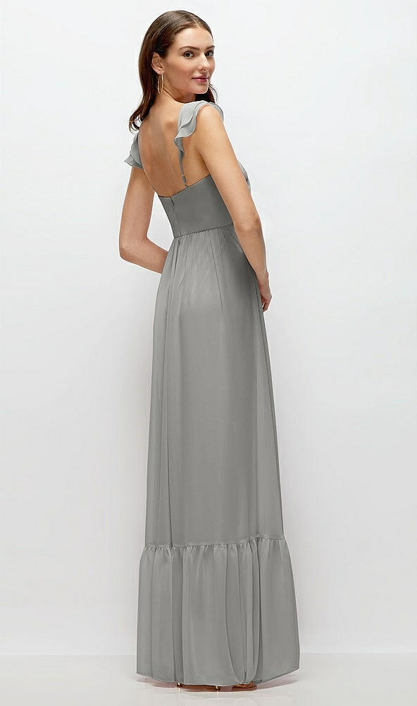 Back View - Chelsea Gray Ruffle Strap Chiffon Bustier Maxi Dress with Ruffle Hem A-Line Skirt