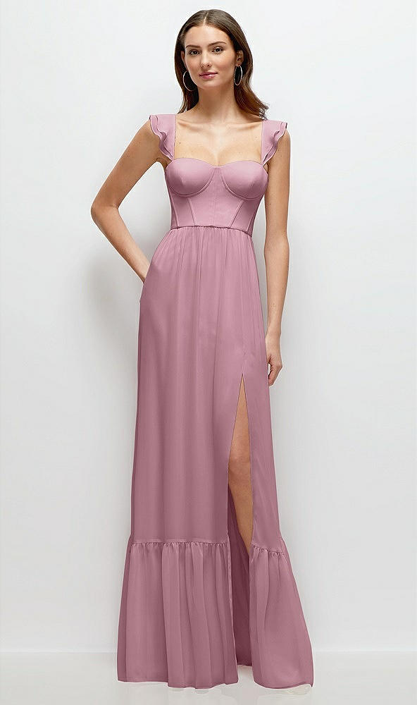 Front View - Dusty Pink Ruffle Strap Chiffon Bustier Maxi Dress with Ruffle Hem A-Line Skirt