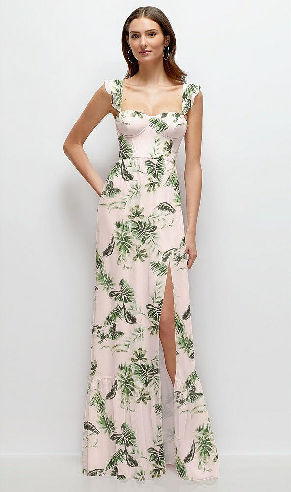 Front View - Palm Beach Print Ruffle Strap Chiffon Bustier Maxi Dress with Ruffle Hem A-Line Skirt