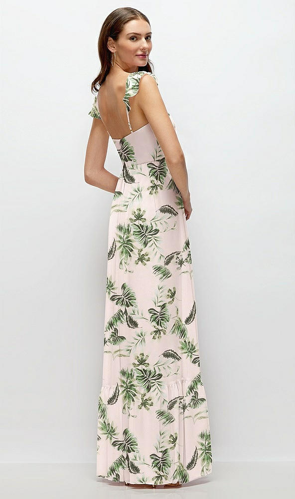 Back View - Palm Beach Print Ruffle Strap Chiffon Bustier Maxi Dress with Ruffle Hem A-Line Skirt