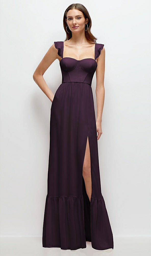 Front View - Aubergine Ruffle Strap Chiffon Bustier Maxi Dress with Ruffle Hem A-Line Skirt