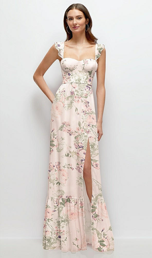 Front View - Blush Garden Ruffle Strap Chiffon Bustier Maxi Dress with Ruffle Hem A-Line Skirt