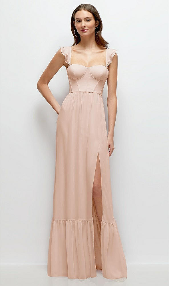 Front View - Cameo Ruffle Strap Chiffon Bustier Maxi Dress with Ruffle Hem A-Line Skirt