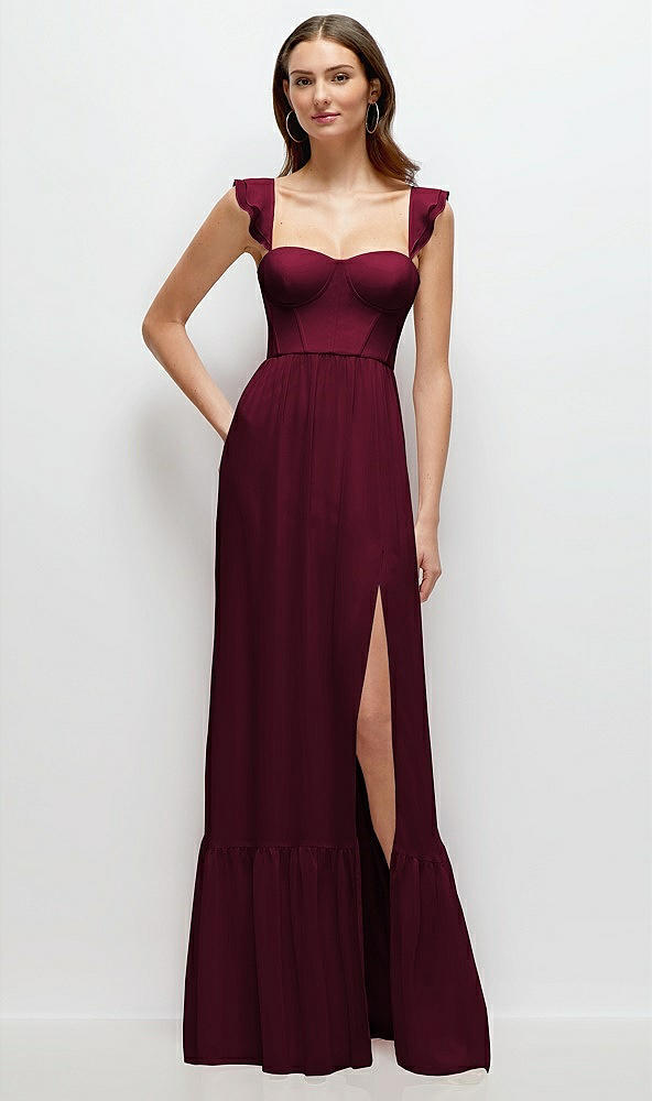 Front View - Cabernet Ruffle Strap Chiffon Bustier Maxi Dress with Ruffle Hem A-Line Skirt