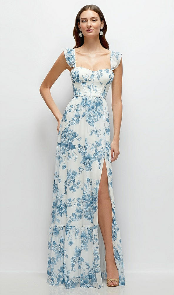 Front View - Cottage Rose Dusk Blue Ruffle Strap Chiffon Bustier Maxi Dress with Ruffle Hem A-Line Skirt