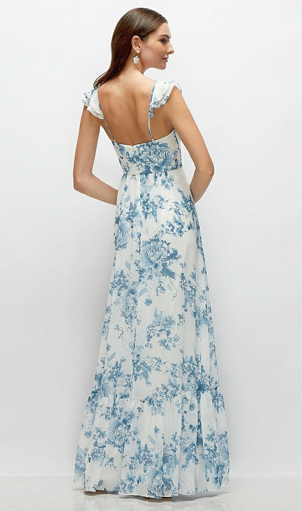 Back View - Cottage Rose Dusk Blue Ruffle Strap Chiffon Bustier Maxi Dress with Ruffle Hem A-Line Skirt