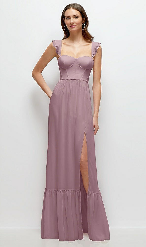 Front View - Dusty Rose Ruffle Strap Chiffon Bustier Maxi Dress with Ruffle Hem A-Line Skirt