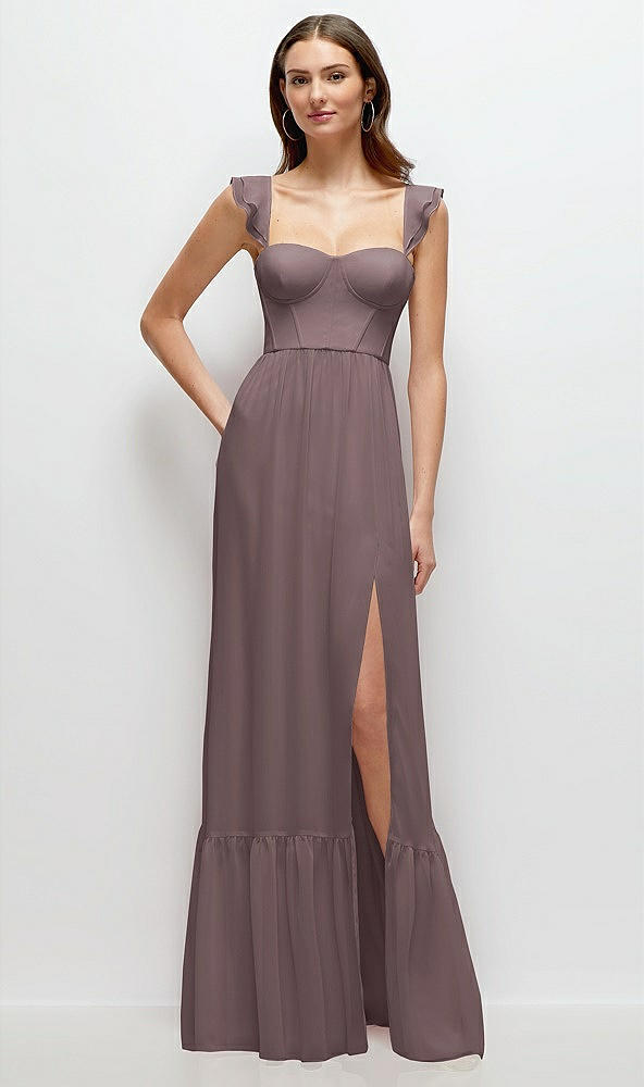 Front View - French Truffle Ruffle Strap Chiffon Bustier Maxi Dress with Ruffle Hem A-Line Skirt