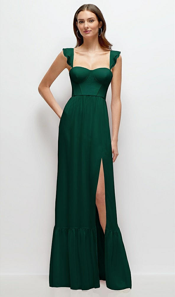 Front View - Hunter Green Ruffle Strap Chiffon Bustier Maxi Dress with Ruffle Hem A-Line Skirt