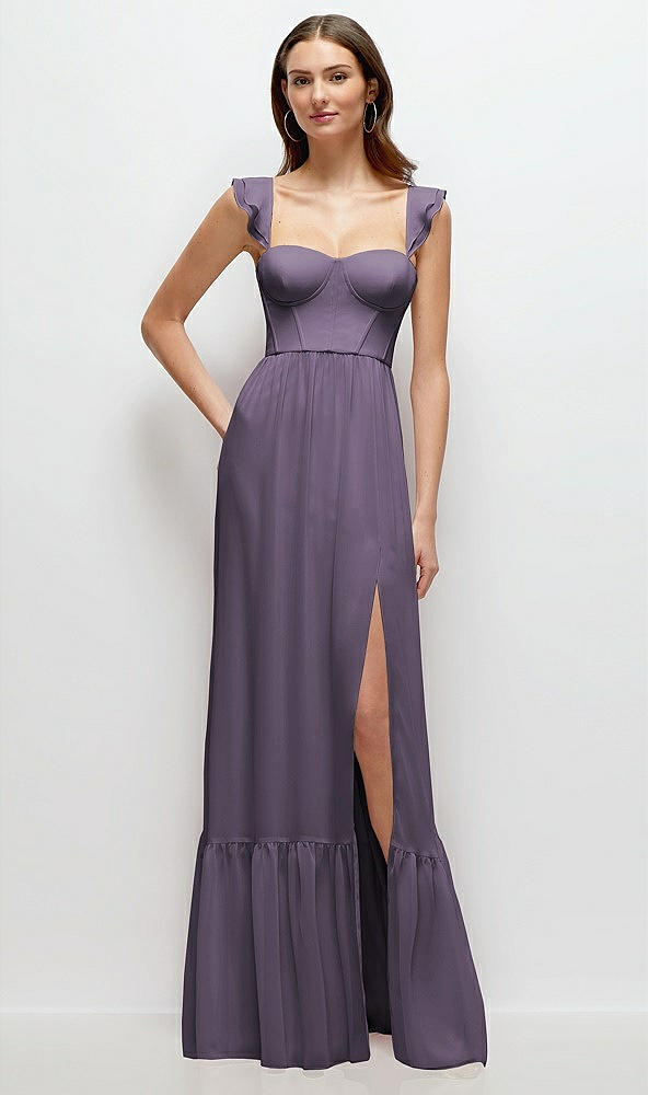 Front View - Lavender Ruffle Strap Chiffon Bustier Maxi Dress with Ruffle Hem A-Line Skirt