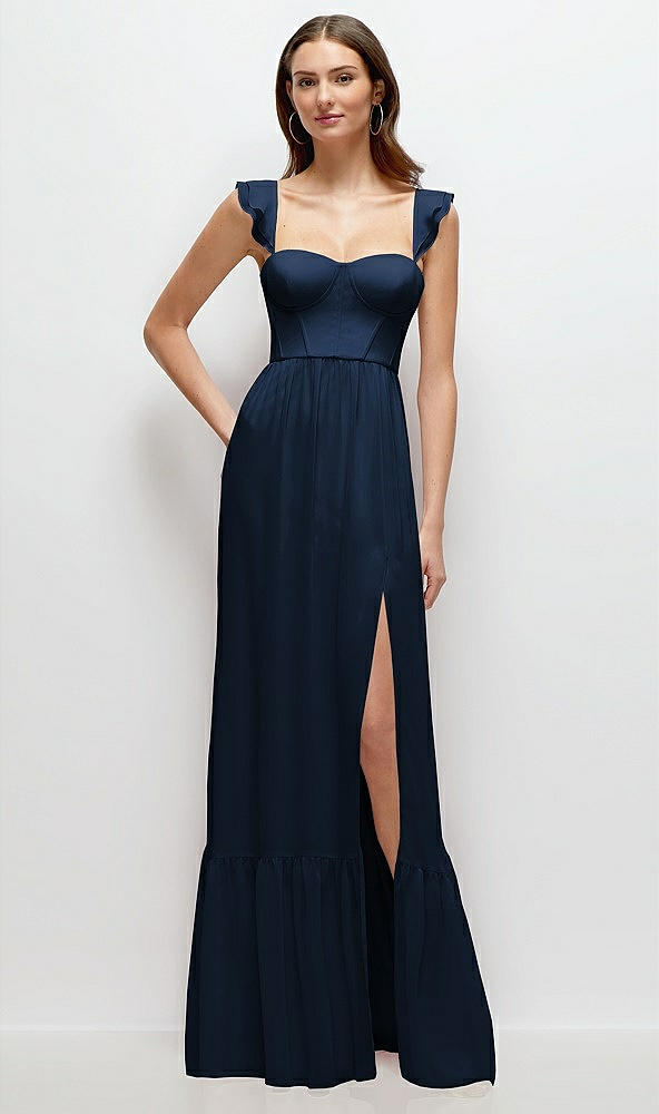 Front View - Midnight Navy Ruffle Strap Chiffon Bustier Maxi Dress with Ruffle Hem A-Line Skirt