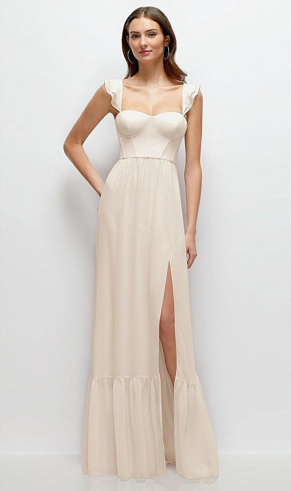 Front View - Oat Ruffle Strap Chiffon Bustier Maxi Dress with Ruffle Hem A-Line Skirt