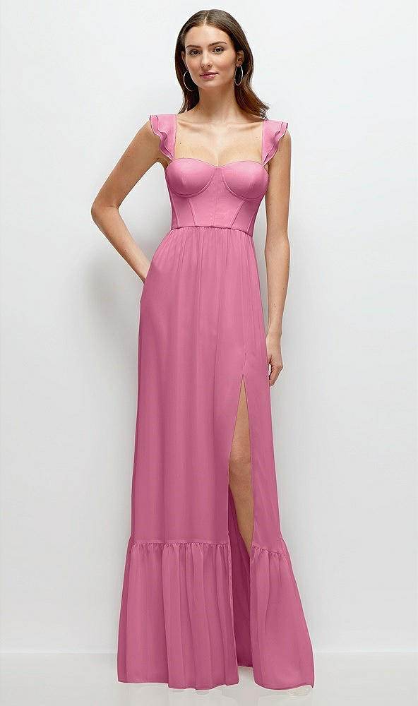 Front View - Orchid Pink Ruffle Strap Chiffon Bustier Maxi Dress with Ruffle Hem A-Line Skirt