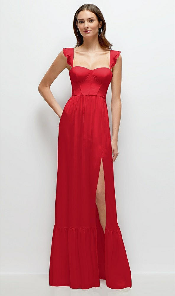 Front View - Parisian Red Ruffle Strap Chiffon Bustier Maxi Dress with Ruffle Hem A-Line Skirt