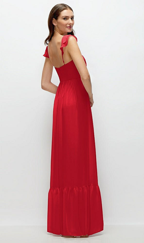 Back View - Parisian Red Ruffle Strap Chiffon Bustier Maxi Dress with Ruffle Hem A-Line Skirt