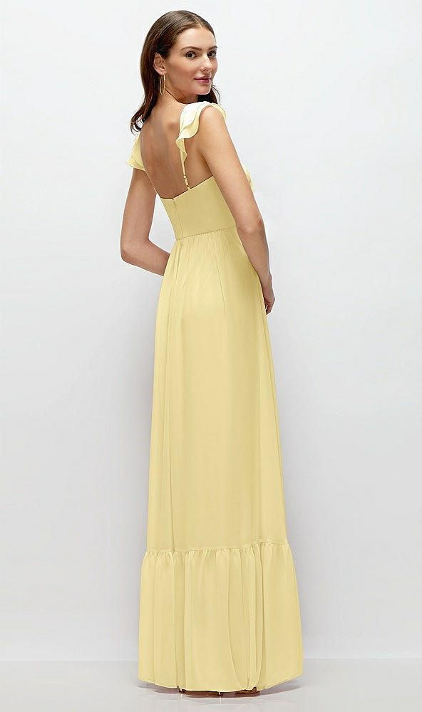 Back View - Pale Yellow Ruffle Strap Chiffon Bustier Maxi Dress with Ruffle Hem A-Line Skirt