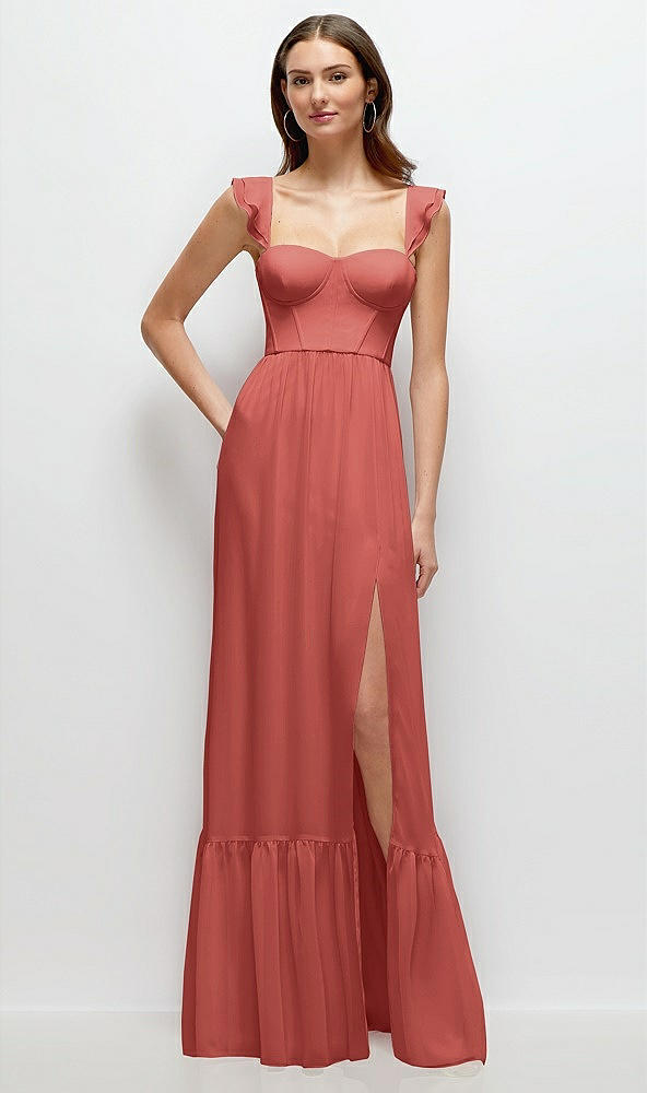 Front View - Coral Pink Ruffle Strap Chiffon Bustier Maxi Dress with Ruffle Hem A-Line Skirt