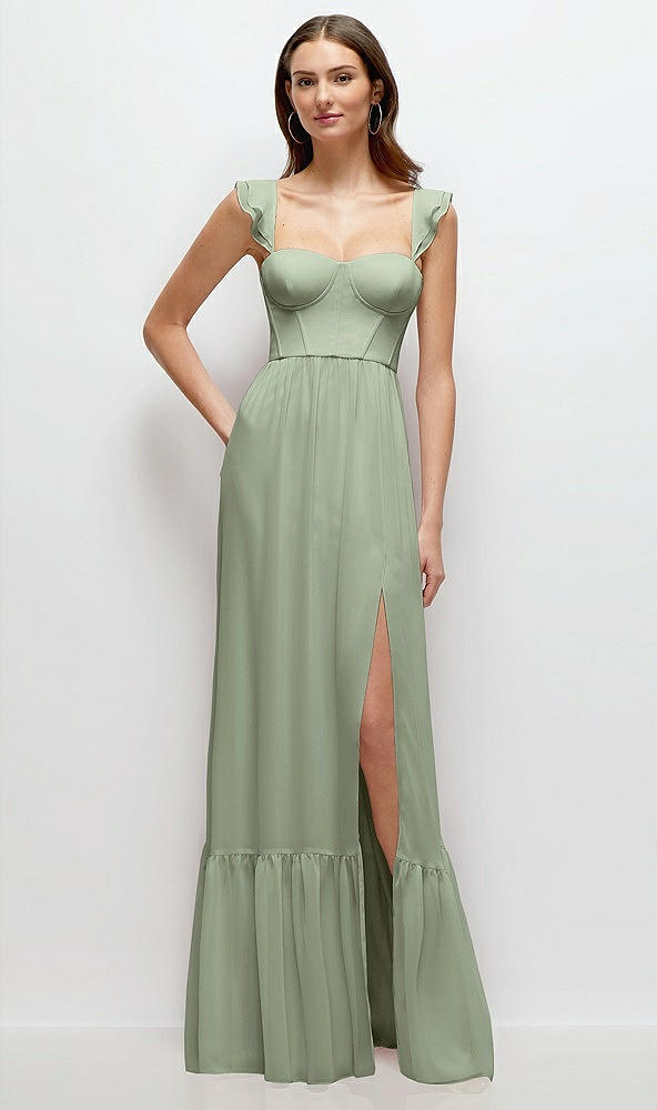 Front View - Sage Ruffle Strap Chiffon Bustier Maxi Dress with Ruffle Hem A-Line Skirt