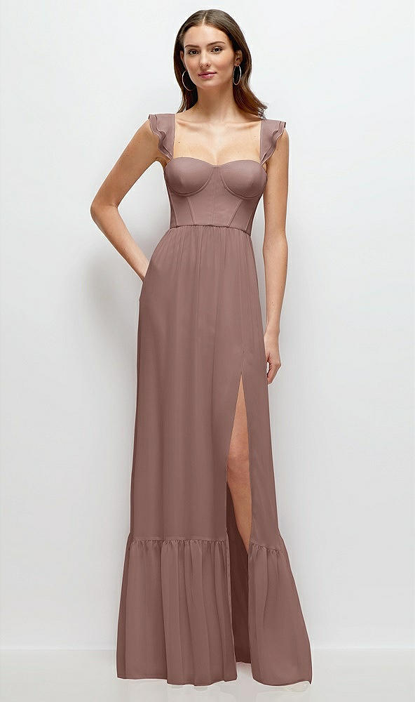 Front View - Sienna Ruffle Strap Chiffon Bustier Maxi Dress with Ruffle Hem A-Line Skirt