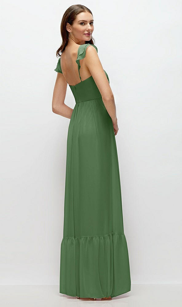 Back View - Vineyard Green Ruffle Strap Chiffon Bustier Maxi Dress with Ruffle Hem A-Line Skirt