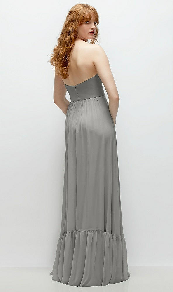 Back View - Chelsea Gray Strapless Cat-Eye Corset Maxi Dress with Ruffle Hem A-Line Skirt