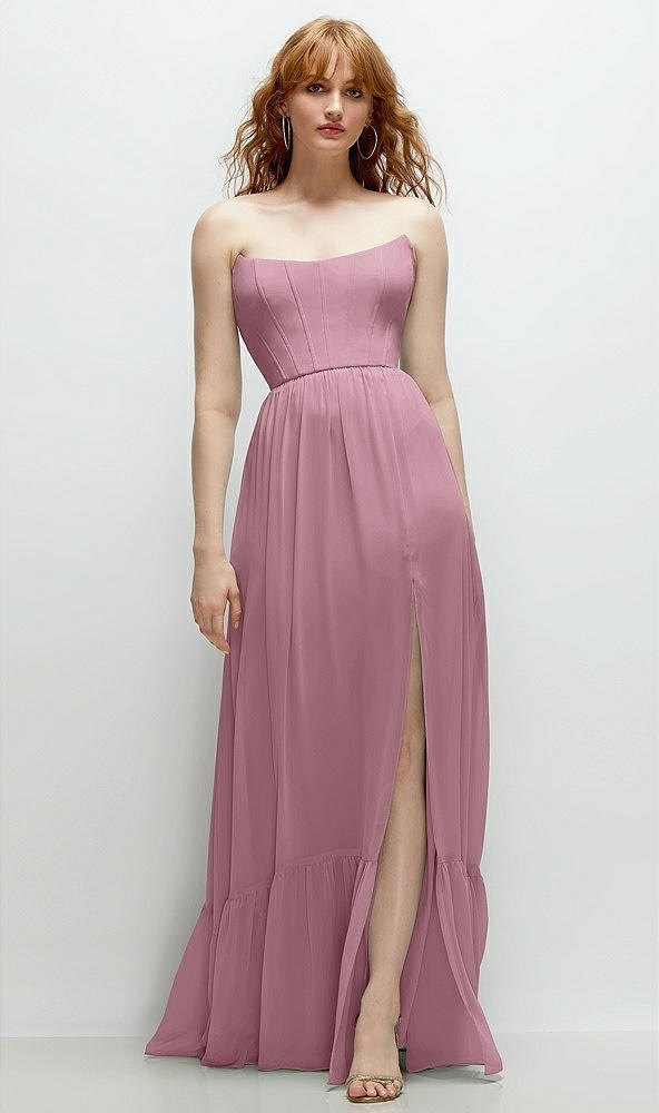 Front View - Dusty Pink Strapless Cat-Eye Corset Maxi Dress with Ruffle Hem A-Line Skirt