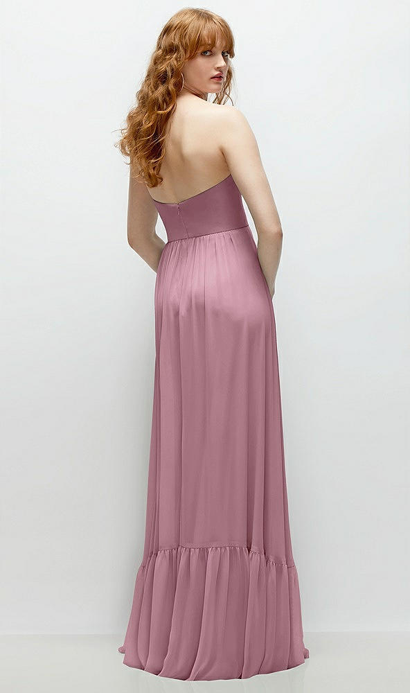 Back View - Dusty Pink Strapless Cat-Eye Corset Maxi Dress with Ruffle Hem A-Line Skirt