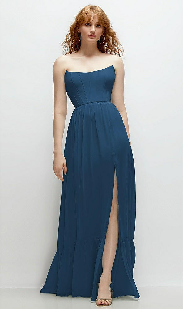 Front View - Dusk Blue Strapless Cat-Eye Corset Maxi Dress with Ruffle Hem A-Line Skirt