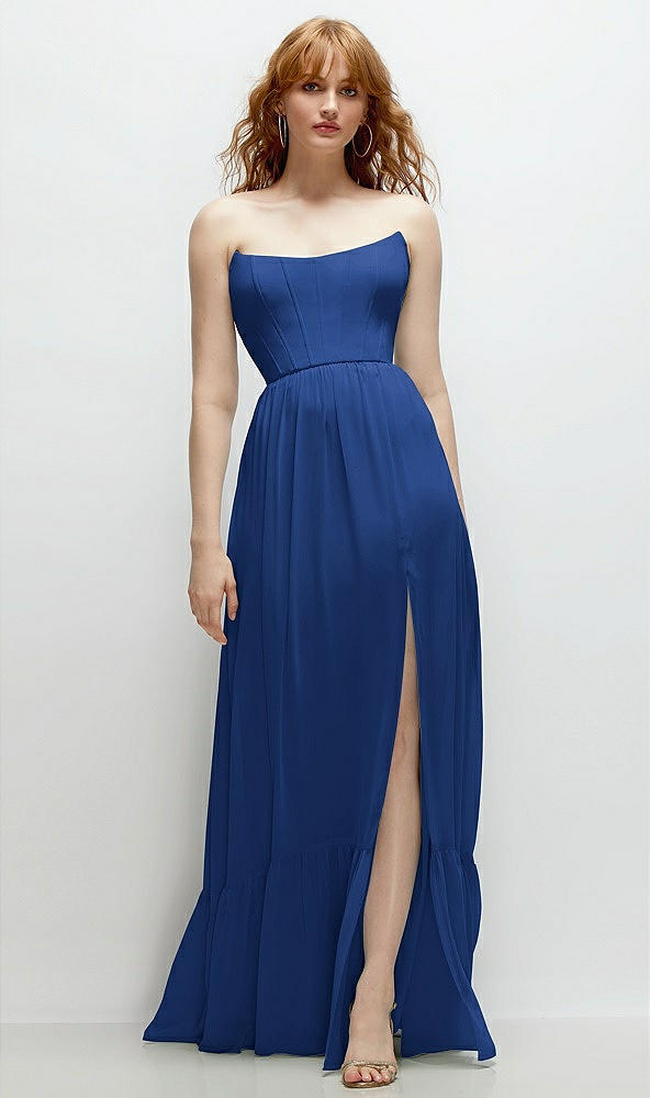 Front View - Classic Blue Strapless Cat-Eye Corset Maxi Dress with Ruffle Hem A-Line Skirt