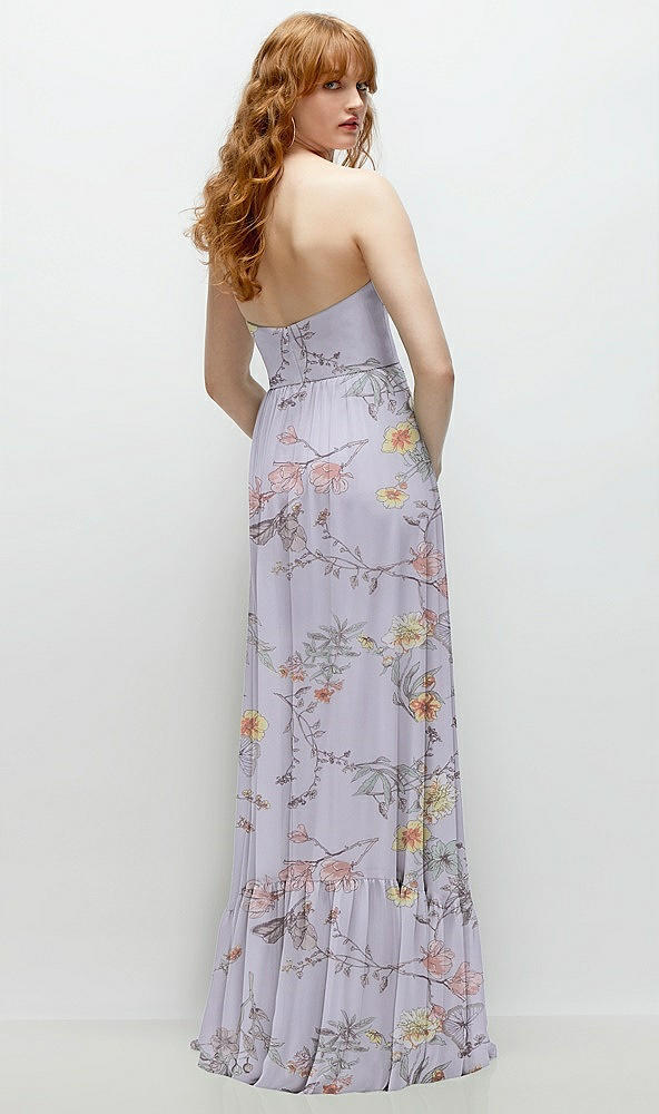 Back View - Butterfly Botanica Silver Dove Strapless Cat-Eye Corset Maxi Dress with Ruffle Hem A-Line Skirt