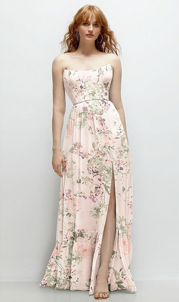 Front View - Blush Garden Strapless Cat-Eye Corset Maxi Dress with Ruffle Hem A-Line Skirt