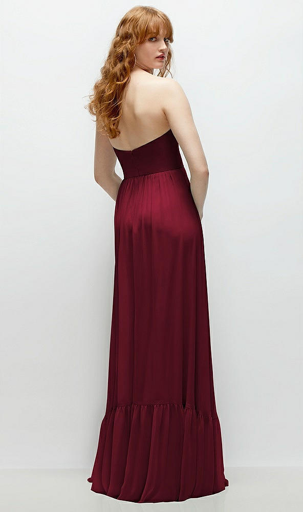 Back View - Burgundy Strapless Cat-Eye Corset Maxi Dress with Ruffle Hem A-Line Skirt