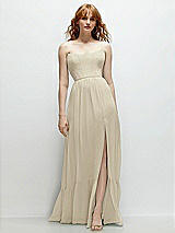 Front View Thumbnail - Champagne Strapless Cat-Eye Corset Maxi Dress with Ruffle Hem A-Line Skirt