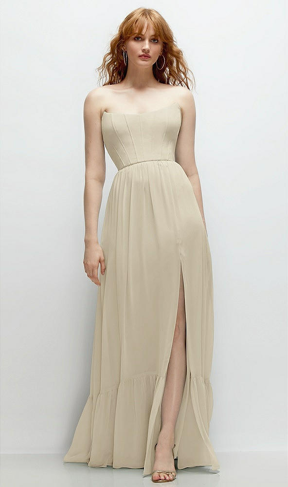 Front View - Champagne Strapless Cat-Eye Corset Maxi Dress with Ruffle Hem A-Line Skirt