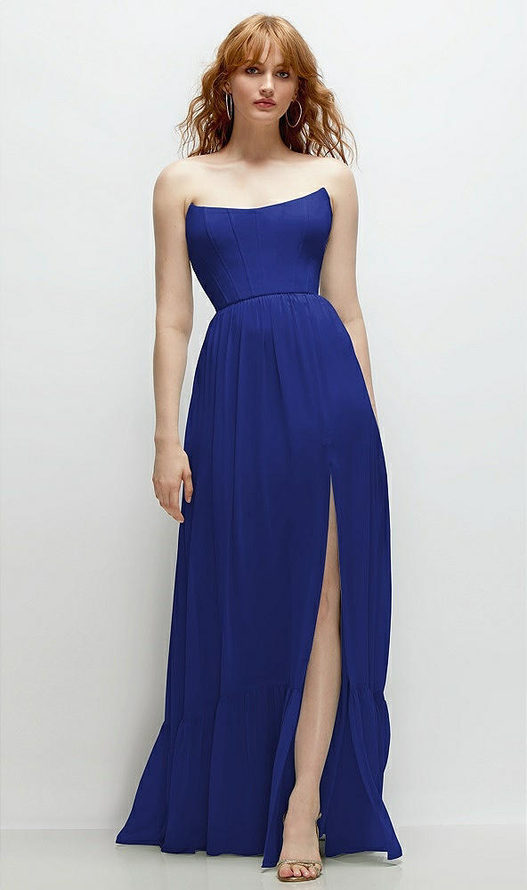 Front View - Cobalt Blue Strapless Cat-Eye Corset Maxi Dress with Ruffle Hem A-Line Skirt