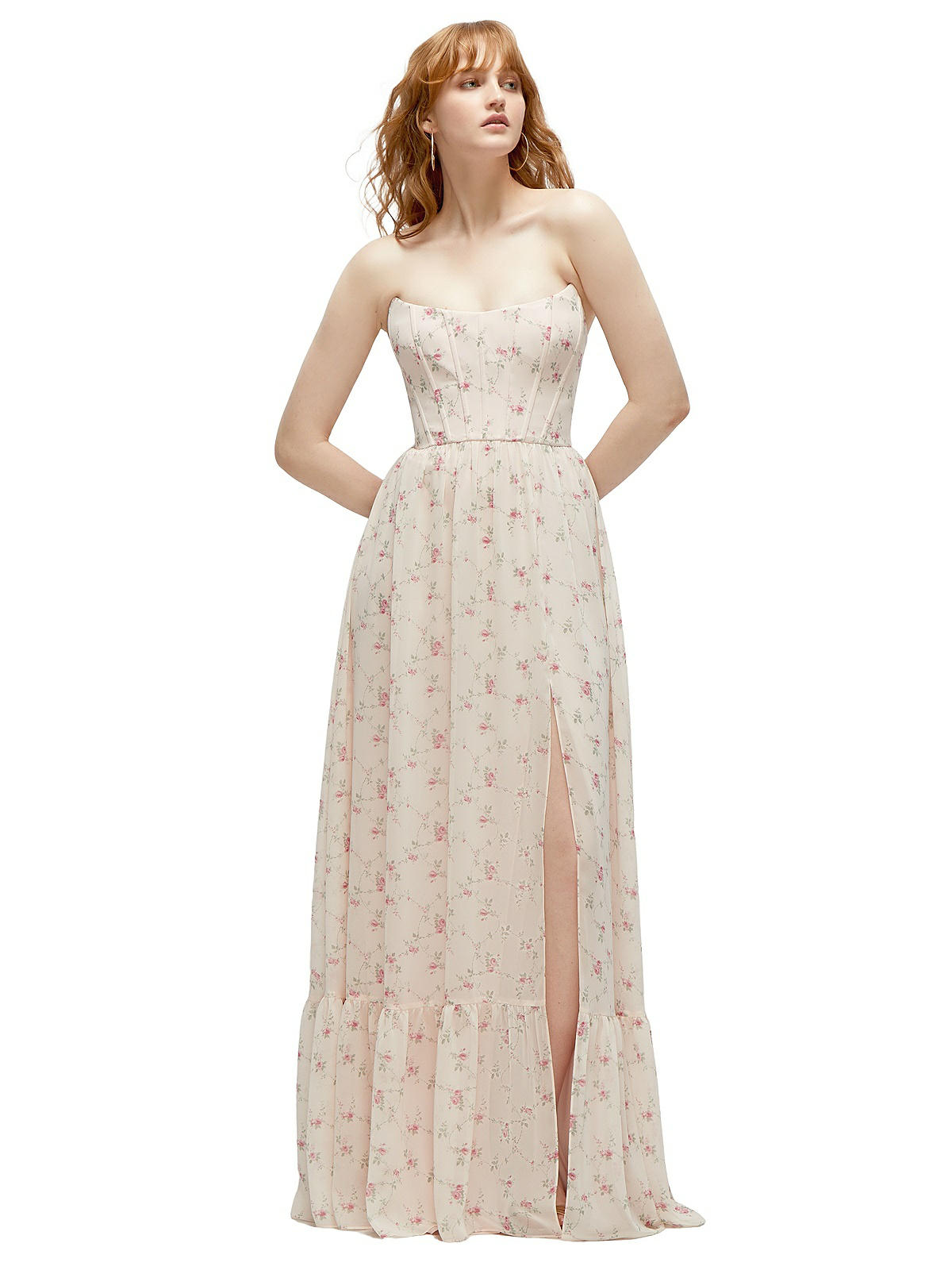 Strapless Cateye Corset Maxi Bridesmaid Dress With Ruffle Hem Aline