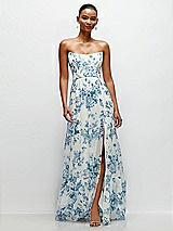 Front View Thumbnail - Cottage Rose Dusk Blue Strapless Cat-Eye Corset Maxi Dress with Ruffle Hem A-Line Skirt