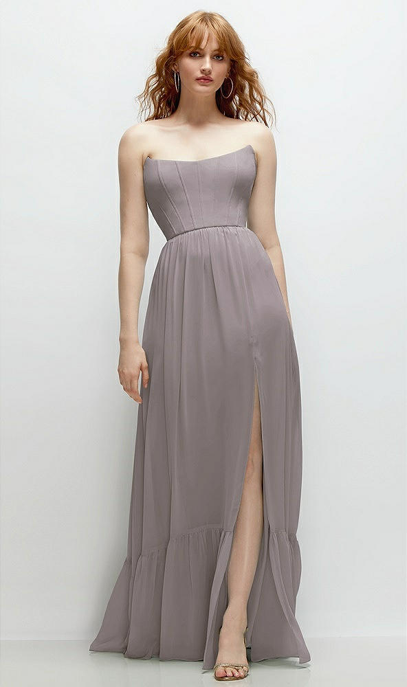 Front View - Cashmere Gray Strapless Cat-Eye Corset Maxi Dress with Ruffle Hem A-Line Skirt