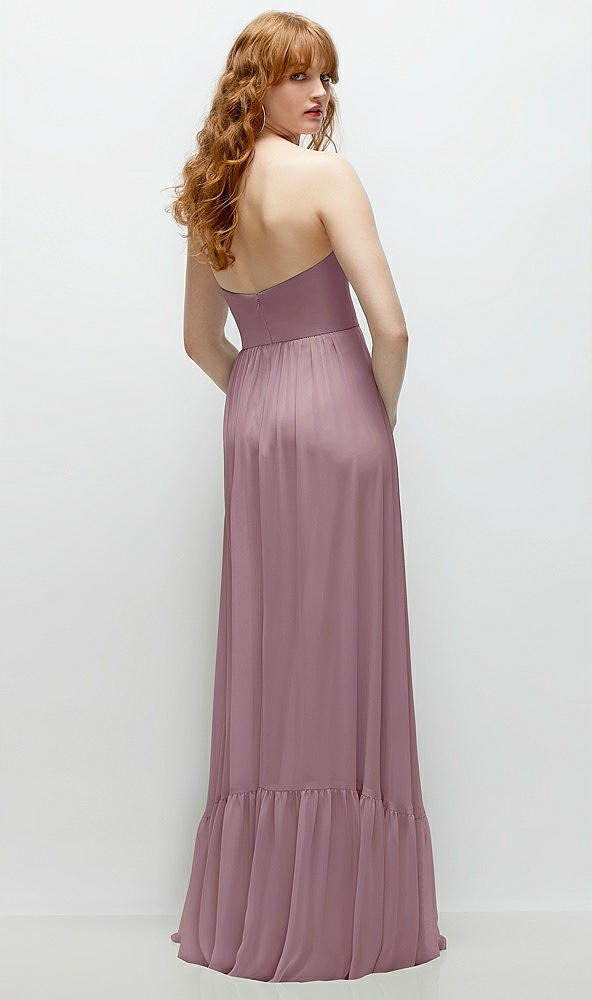 Back View - Dusty Rose Strapless Cat-Eye Corset Maxi Dress with Ruffle Hem A-Line Skirt